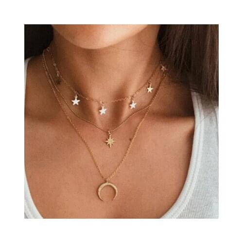 Female Necklace Multi Layered Moon Star Women Necklace Choker Statement Crystal Gold Color Necklace Girl Party Wear Gift Jewelry