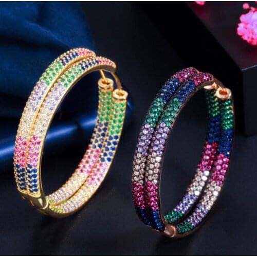 Zlxgirl High Quality Two Colorful Cubic Zircon Circle Round Hoop Earrings for Women birdal Jewelry Hip Hop Pendientes Earing