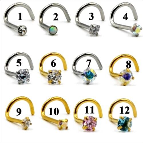 1PC 20G Steel Nose Rings CZ Gem Opal Piercing Nose Screw Curved Prong Nose Stud Rings Nariz Earrings Nostril Piercing Jewelry