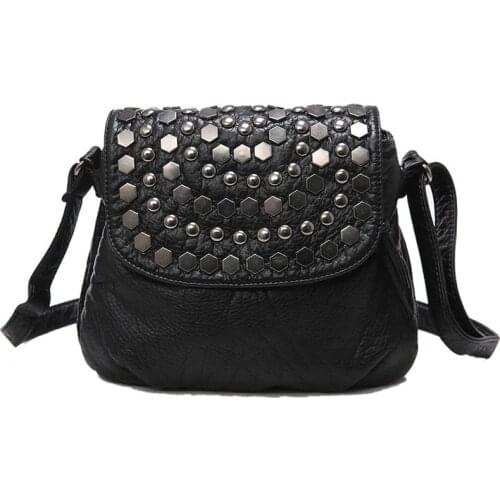 2021 Soft Pu Leather Women Messenger Bag Casual Ladies Shoulder Crossbody Bag Female Vintage Rivet Handbag Black