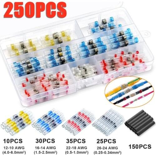 250PCS Solder Seal Wire Connectors Heat Shrink Tube Butt Connectors Automotive Waterproof Electrical Wire Terminals