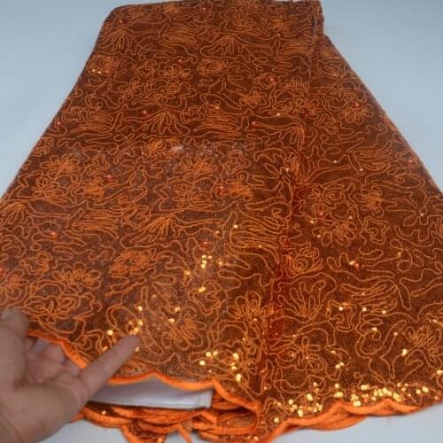 5yards/pc) Gorgeous orange African tulle lace fabric shining sequins French net lace with embroidery for party dress FLP189