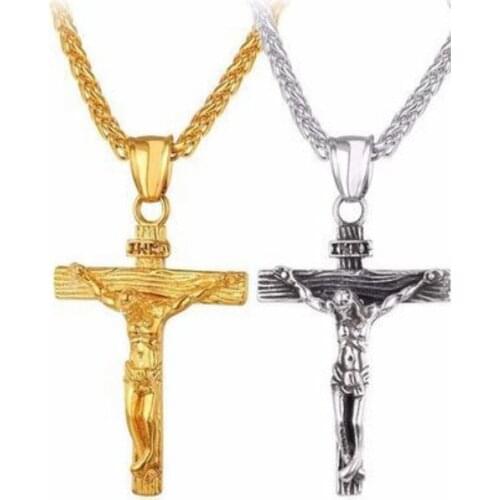 2021 Big Jesus Cross Pendant with Long Chain Mens Gold Color Crucifix Necklaces Male Religious Jewelry Dropshipping