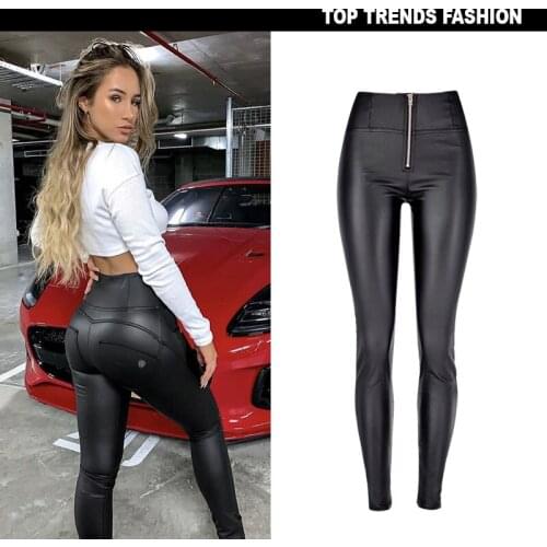 Wear high waist elastic coating imitation leather PU jeans trousers peach buttock pants motorcycle autumn/winter mix