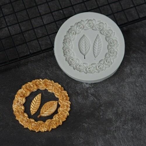 Floral Hoop Shape Fondant Mold Sugarcraft Rose Flower Garland With Leaf Pattern Silicone Molds DIY Gumpaste Tools