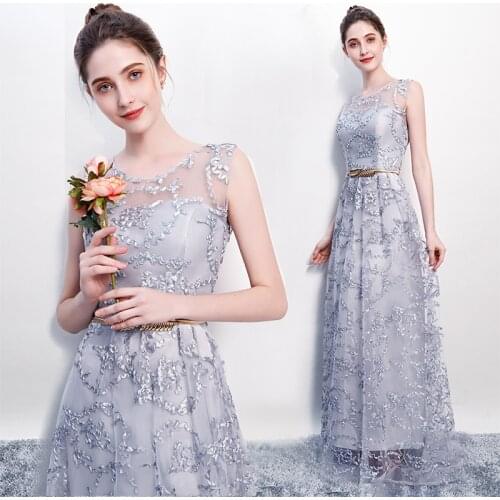 Silver Long Prom Dresses 2021 New Arrival O Neck Sheer Back Embroidery A Line Party Evening Gowns Real Photo