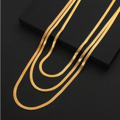 Flashbuy Fashion Multilayer Stainless Steel Snake Chain Choker Necklace Women Punk Flat Blade Chain Necklace Minimalist Jewelry
