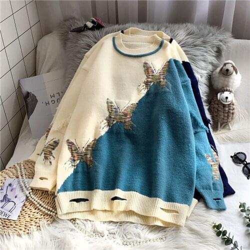 H.SA 2020 Winter Patchwork Sweater and Jumpers Long Sleeve Stars Printed Pullovers Chic Streetwear Hole Sweaters Butterfly Pull