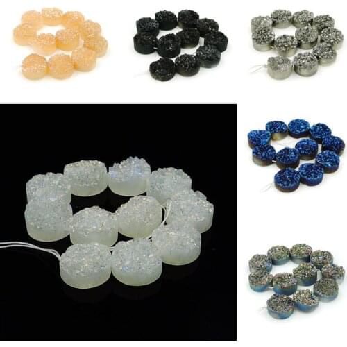 Titanium Rainbow/Black/AB/Blue/Orange/Silve r Crystal Druzy Round Flat Beads Strand Approx 8 Inches