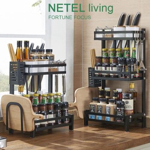 Kitchen Spice Rack Stainless Steel Countertop Seasoning Jars Bottle Shelf Kitchen Organizer Storage Holder 2/3 Layers Black