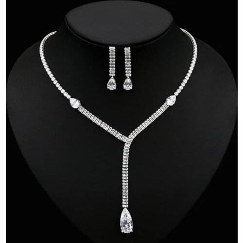 European and American famous zircon Water Drop Necklace Earring Set CZ womens bride wedding jewelry 2pcs set accessories