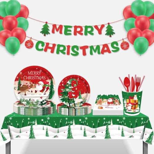 Christmas Xmas Party Christmas Tree Santa Claus Theme Disposable Tableware Sets Plates Cups Latex Balloons Globos Party Favors