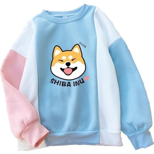 Kpop New Harajuku Shiba Printed Pullover Women Casual Loosse Kawaii Drop Shoulder Color Block Splicing Fleece Hoodies Sweatshirt