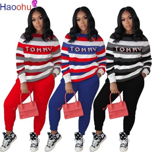 HAOOHU Autumn Sporting Women set Rainbow Striped Letter Print T-shirt Skinny Pencil Pants Suit Two Piece Set Elegant Tracksui