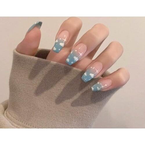 New Hot 24pcs Blue Clouds Wear Long Paragraph Fashion Manicure Patch False Nails Save Time Wearable Nail Patch