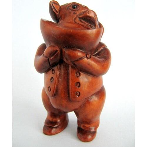 Q4061 - 2" Hand Carved Boxwood Netsuke Figurine Carving: Lovely Wealthy Pig