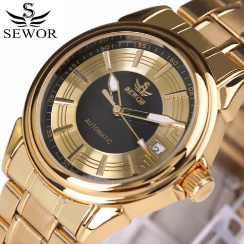 Sewor Watch Luxury Gold Mechanical Watches Men Luminous Hands Stainless Steel Band Auto Date Automatic Mechanical Wristwatches
