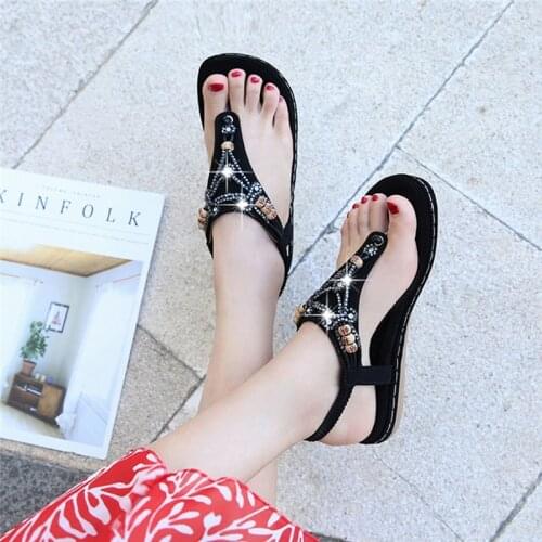 Women Sandals Summer Fashion Crystal Bead Flat Ladies Slipper Soft Casual Sexy High Quality Comfortable Outdoor Female Footwear