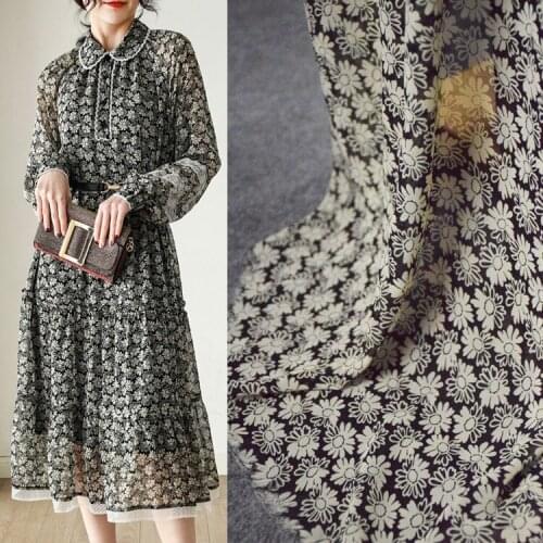 Chiffon Yarn Fabric Sen System Black Bottom Beige Daisy Floral Dress Shirt Sun Protection Clothing Handmade DIY Fabric