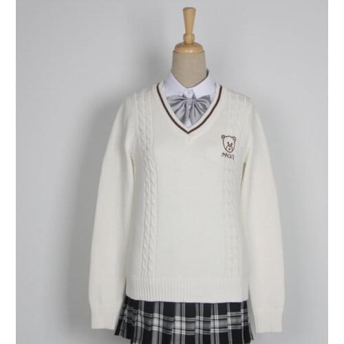 JK Sweater Coat japanese school uniform Bear JK Couples Sweater College JK Uniform Embroidered V-neck Long Sleeve Sweater