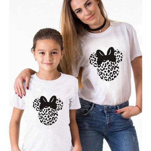 Funny T Shirts Gril Minnie Mouse Head Bowknot Leopard Print Casual Mama and Daughter Tops Tee Harajuku Family Matching Clothes