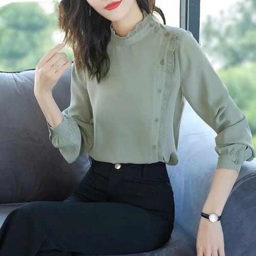 Womens Spring Autumn Chiffon Shirts Womens Turtleneck Single Row Multi Button Elegant Fashion Loose Womens Tops DF3277