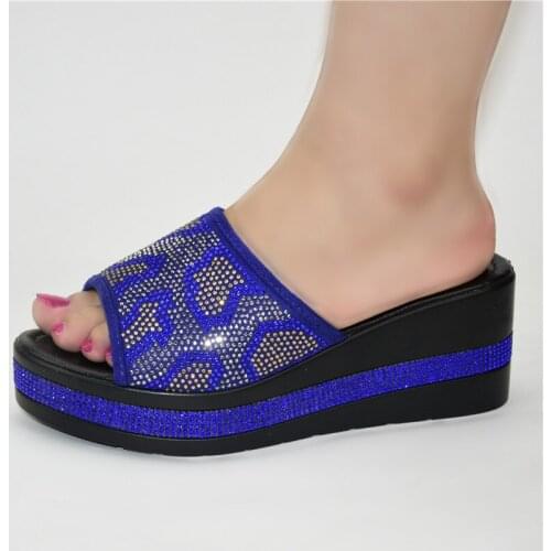 New Coming Royal Blue Shoes African Lady Wedge Heel Slippers With Rhinestones 222-6 Heel Height 6.5CM