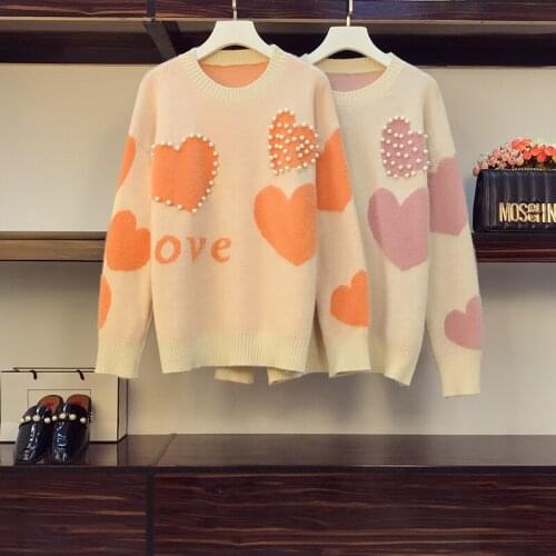 Women Knitted Sweater and Pullovers Oneck Pearls Beading Sweaters Sweet Heart Pull Jumpers Long Sleeve Kawaii Pull Femme