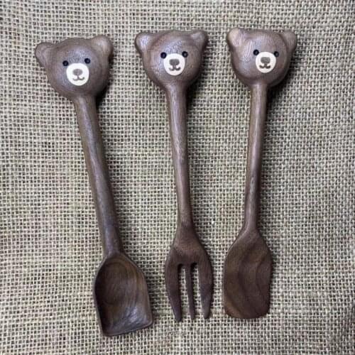 1Pc Bear Cutlery Wooden Spoon Tableware Walnut Coffee Spoon Fork Handmade Honey Spoons Jam Cartoon Japan Kitchen Accessories