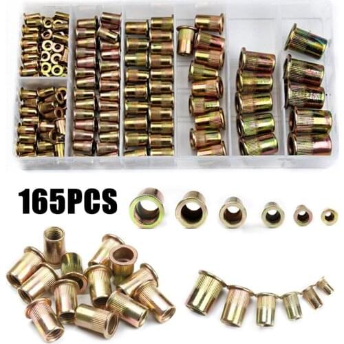 165PCS M3/4/5/6/8/10/12 Zinc Plated Carbon Steel Knurled Nuts Rivnut Flat Head Threaded Rivet Insert Nutsert Cap Rivet Nut