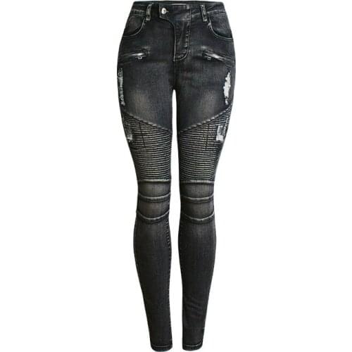 2021 New Womens Patchwork Black Stretch Biker Jeans Skinny Holes Ripped Denim Pencil Pants Leisure simplicity