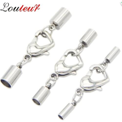 LOULEUR 5sets/lot 1.5/2/3/4/5mm Stainless Steel Leather Cord Bracelet Necklace Heart Lobster Clasps Hooks Connectors Jewelry