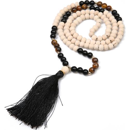8mm Wooden Beads Yellow Tiger Eyes Black Onyx Beaded Necklace Meditation Yoga Blessing Tassel 108 Mala Jewelry
