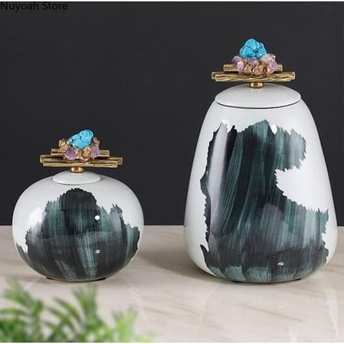 Chinese Style Turquoise Storage Tank Copper Cover Decoration Ceramic Storage Tank Decoration Desktop Decoration Accessories