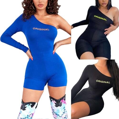Hirigin New Women Close-fitting Jumpsuit Letters Printed Pattern One Shoulder Long Sleeve Off-the-shoulder Solid Color Playsuit