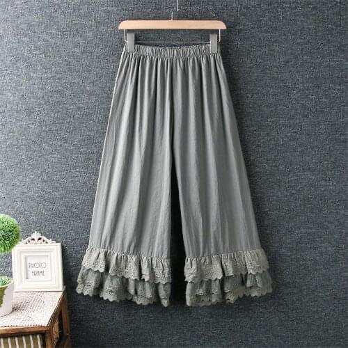 FairyNatural 2021 Summer June Lace Patchwork Women Lacing Wide Leg Pants Elastic Waist Ladies Retro Basic Leggings Trousers