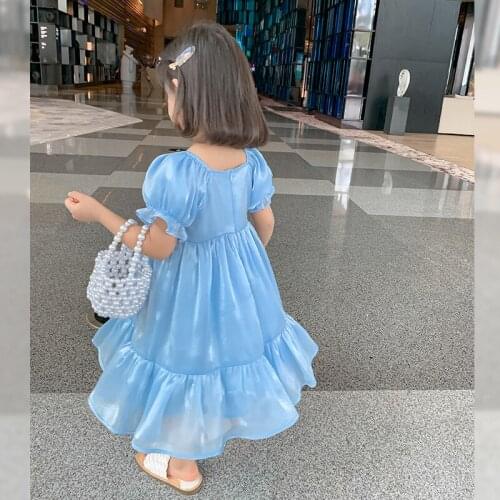 Baby Girls Summer Princess Dress 2021 New Short Puff Sleeve Square Collar Blue Dress Kids Girl Birthday Party Clothes Vestido