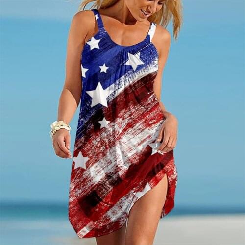LONGTIME Summer Casual Sleeveless Ladies Street Dress American Flag Print Sexy Fashion Beach Dress