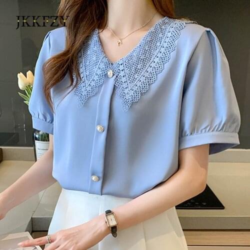 Summer Blouses Women Design Splicing Lace Embroidery Hollow Out Tops Doll Collar Age-Reducing Chiffon Shirt
