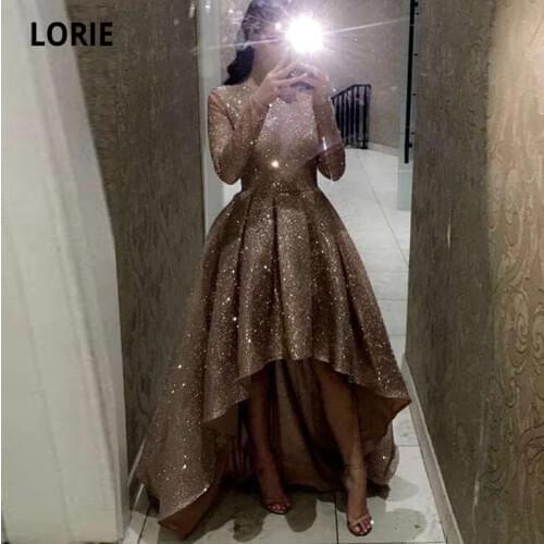 LORIE High Low Prom Dresses High Neck Shiny Arabic Evening Gown Celebrity Party Dress for Graduation vestidos de formatura