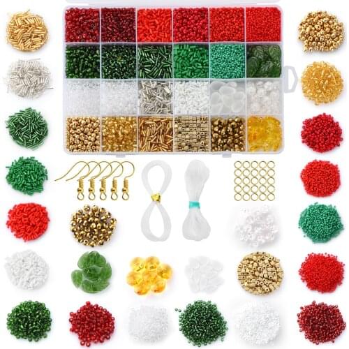 10352Pcs Christmas Red/White/Green Glass Seed Beads Box Set Alloy Metal Hooks Crystal Teardrop Pendant Tube Beads For DIY Making