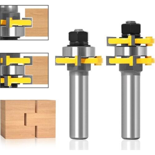 2Pcs 1/2" 12mm Shank Tongue & Groove Router Bit Set T-Slot With Bearing Milling Cutter Tenon Cutter For Woodworking Cutting