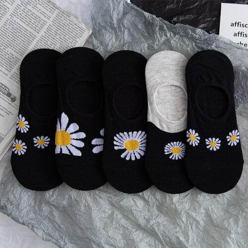 Womens Boat Socks Cotton Summer Autumn Lovely Short Elastic Invisible Sock Daisy Multi Color Pattern Anti Slip Sports Leisure