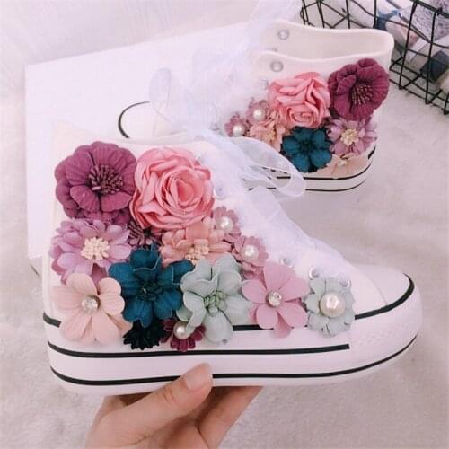 Autumn hand made flower canvas shoes womens shoes students' shoes inner height sports casual shoes flat heel