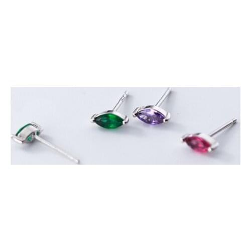 3MM*7MM Authentic 925 Sterling Silver Jewelry amethyst /Green emerald /red CZ Oval Wterdrop Stud Ear Earrings Piercing C-G6247