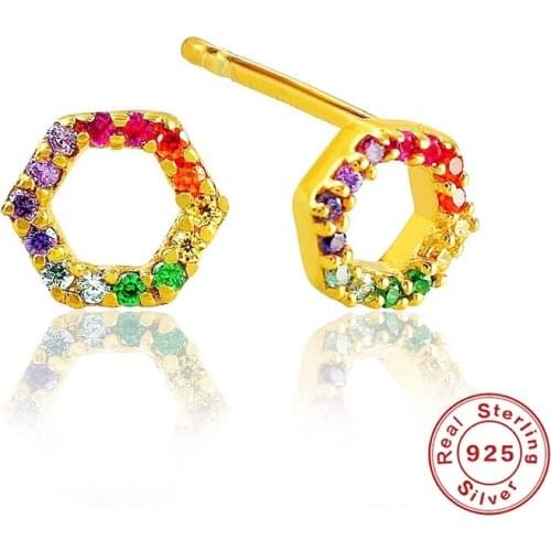 Aide 925 Sterling Silver Colorful Crystal Hexagon Stud Earrings For Women Rainbow Cubic Zirconia Jeweled Ear Stud Party Jewelry