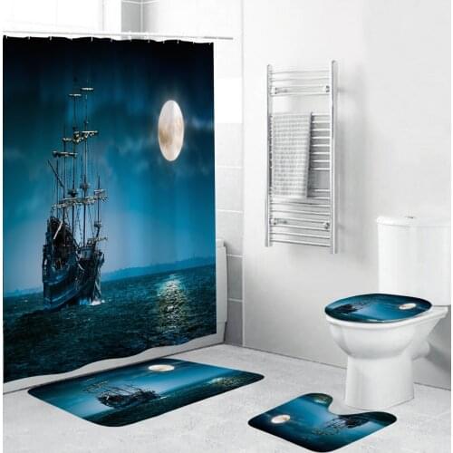 180x180cm Pirate Ship In The Moonlight Fabric Shower Curtain Bathroom Curtains Non-Slip Rugs Toilet Lid Cover Mat Carpet Set
