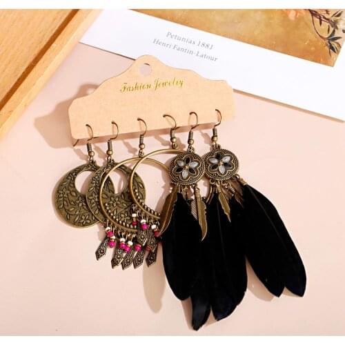 Bohemian Vintage Earrings 3-Piece Set Copper Alloy Metal Feather Tassel Earrings Round Pendant Earrings 2020 Jewelry Gifts