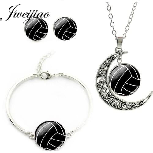 JWEIJIAO Ball Jewelry Sets Basketball Volleyball Football Baseball Golf Necklace Earrings Bracelet Glass Cabochon Charms Sp672