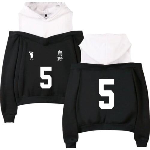 Anime Haikyuu women hoodies Sweatshirts Karasuno High School Volleyball Club long sleeve sexy off shoulder Fleece hooded jacket
